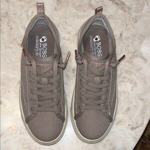 BOBS from Skechers Taupe Canvas Women's Lace-Up Sneakers with Rose Gold Accents